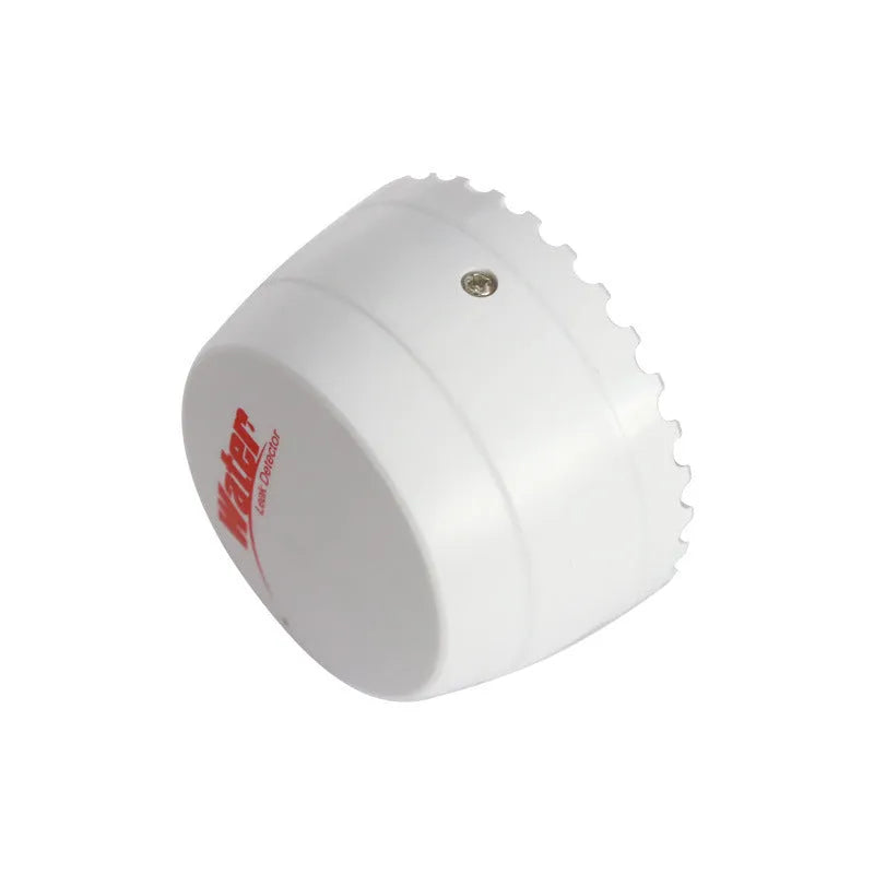 White WiFi smart leakage alarm with buzzer placed on a floor for water overflow detection