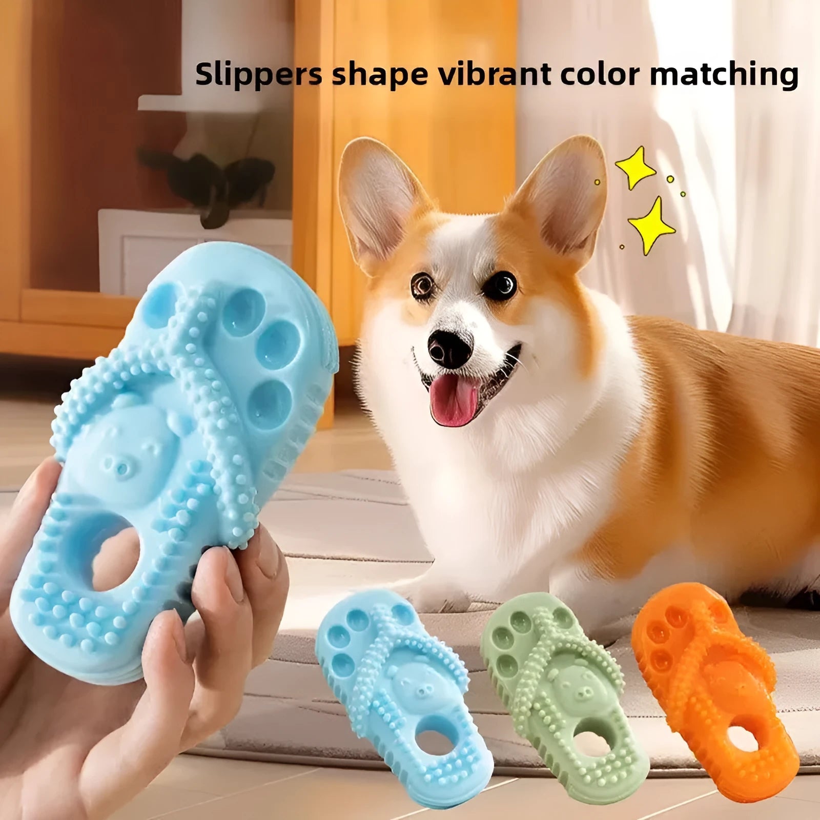 Blue rubber dog chewing toy shaped like a slipper with textured surface for dental cleaning