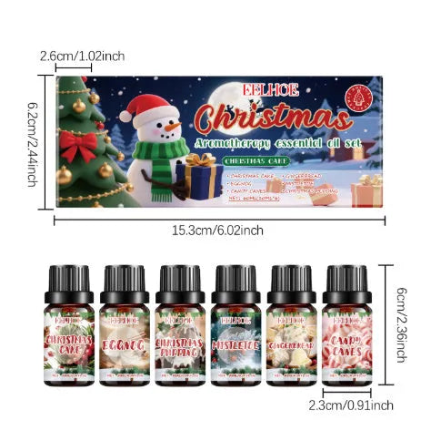 Christmas aromatherapy oil gift set showing six bottles including one large 60ml bottle.
