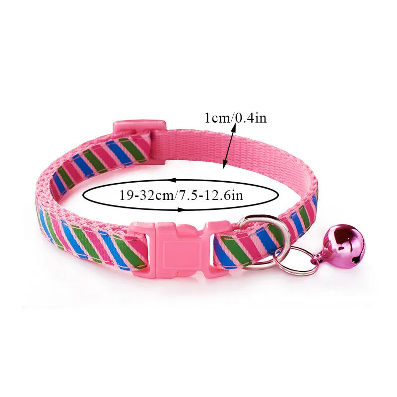 Twill printed PP pet collar with bell, 1.0cm wide, 19-32cm adjustable, shown in six colours