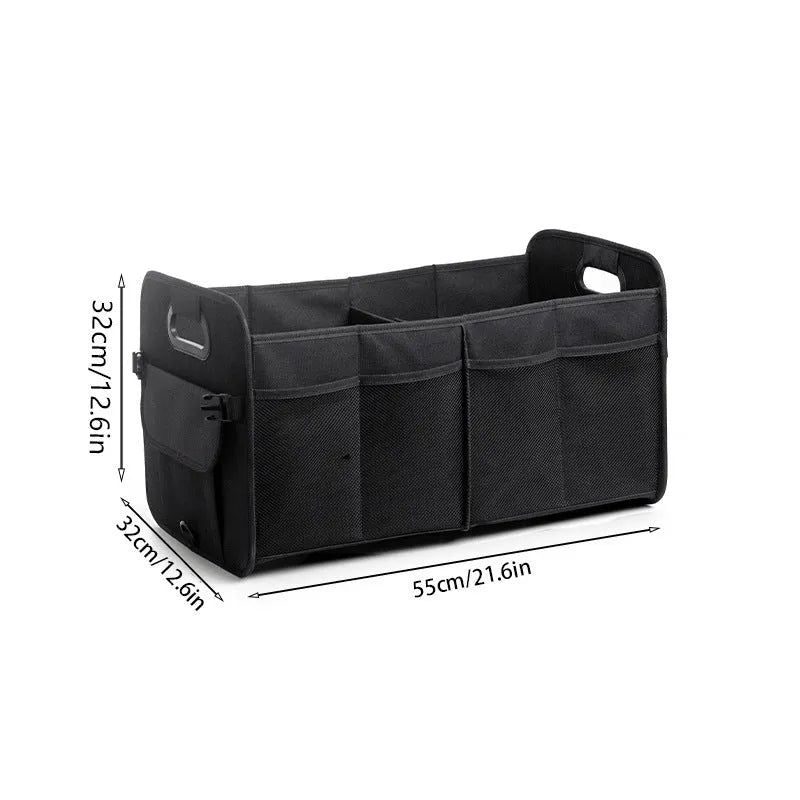 Foldable multi-compartment fabric car trunk storage box in black with a handle.
