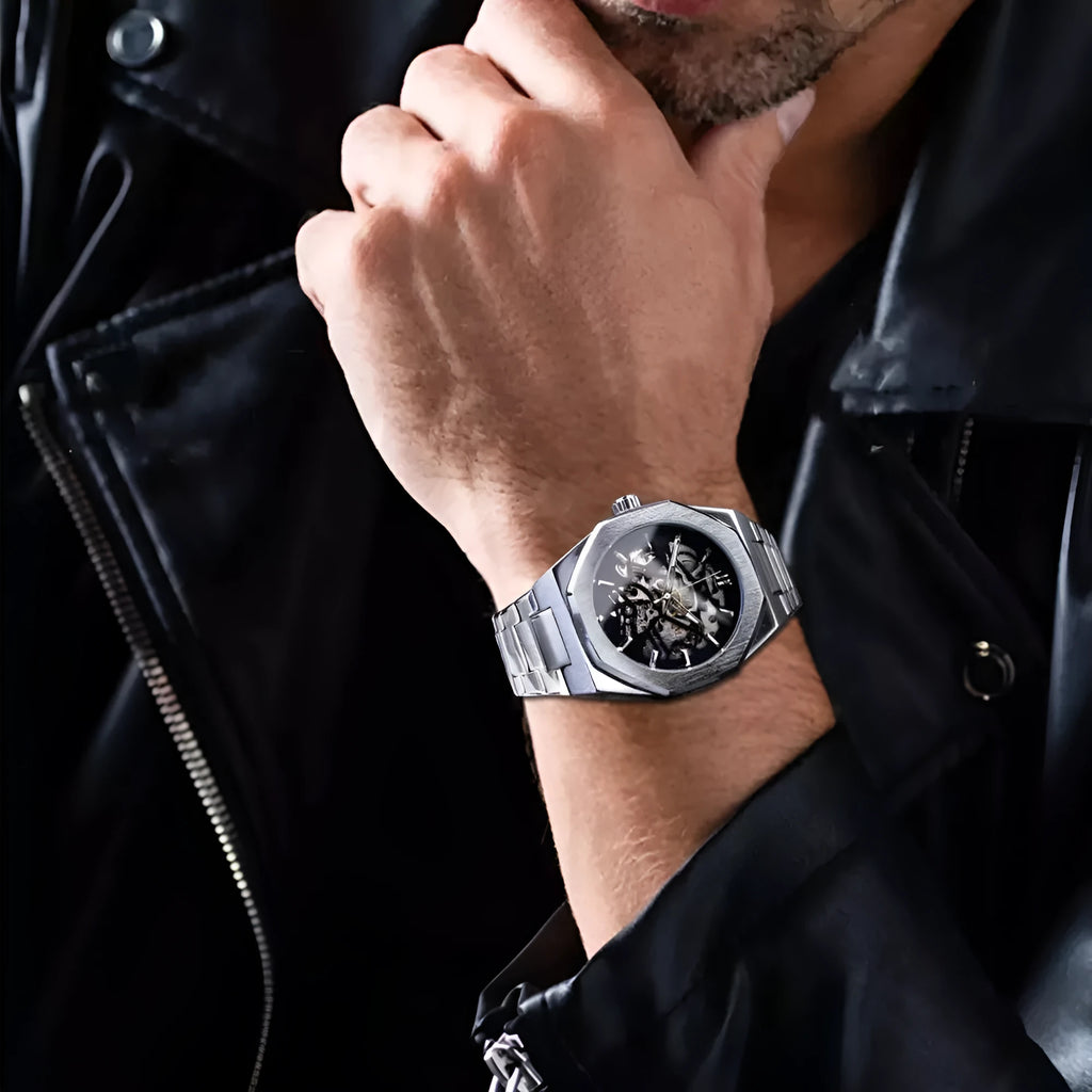 Mechanical automatic watch for men with skeleton dial, stainless steel case, genuine leather band, 41mm