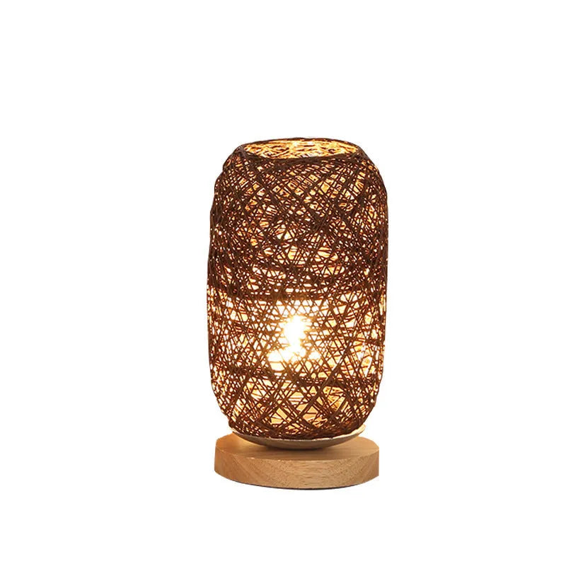 Wooden twine vine bal rechargeable bedside table lamp with warm LED light and beige, brown, optic linen, or blue lampshade.
