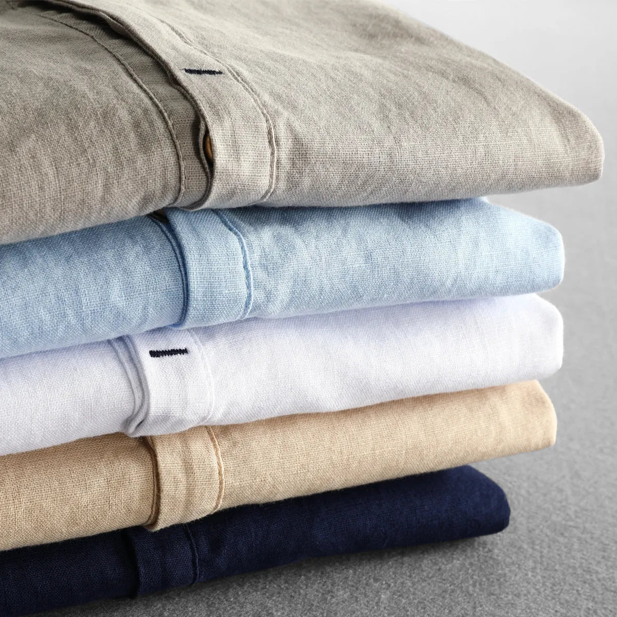Men's casual long linen sleeves shirt loose solid colour light gray front view