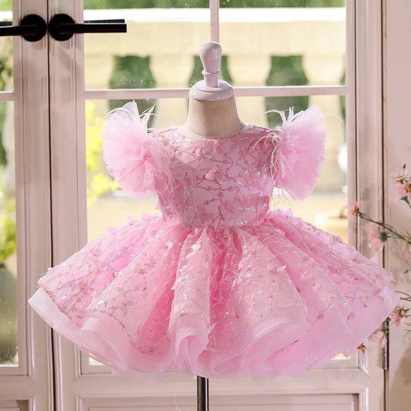 Pink polyester girls princess dress with layered pettiskirt in 80-150cm height sizes