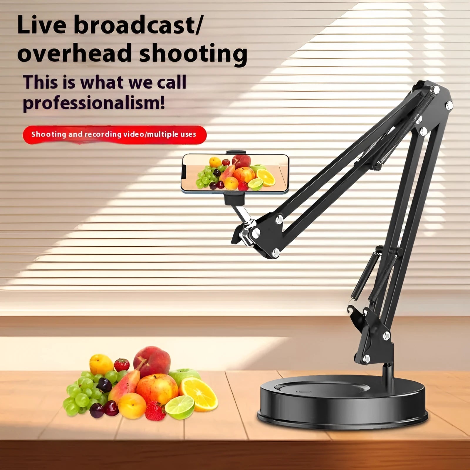 Desktop adjustable mobile live streaming photography stand with cantilever arm in silver and black ABS metal finish