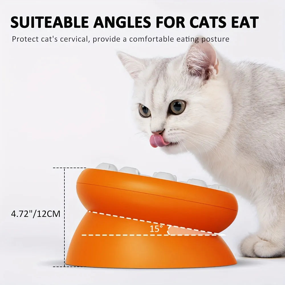 Orange or pink interactive cat slow feeder puzzle bowl with 15-degree tilt