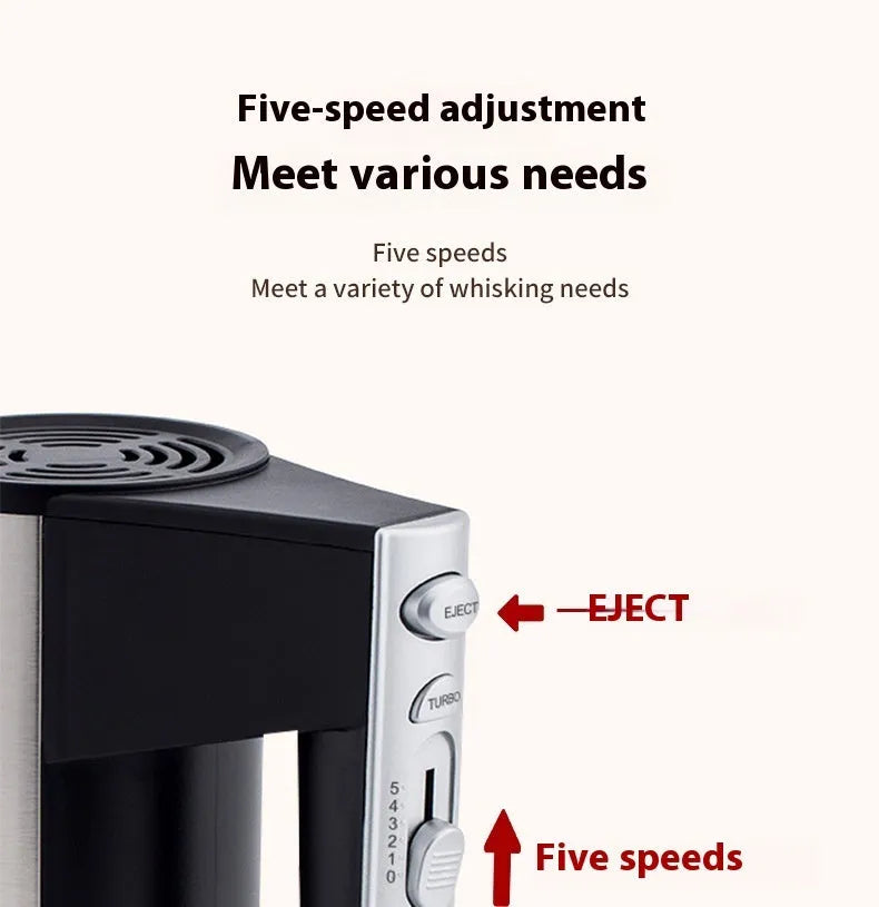 White electric hand mixer with five speed settings and metal beaters for baking