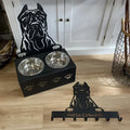 Personalised dog food bowl holder with stainless steel bowl on iron dog head base