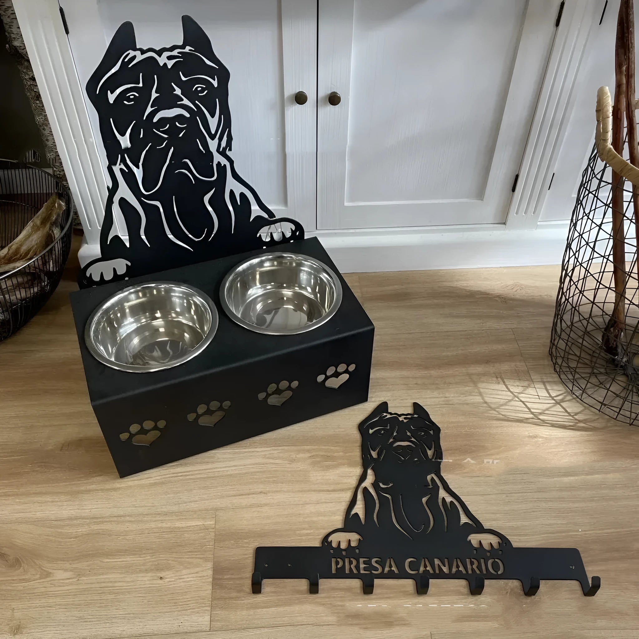 Personalised dog food bowl holder with stainless steel bowl on iron dog head base