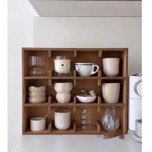 Square solid wood cup storage rack with multiple grid compartments in birch wood meridian colour