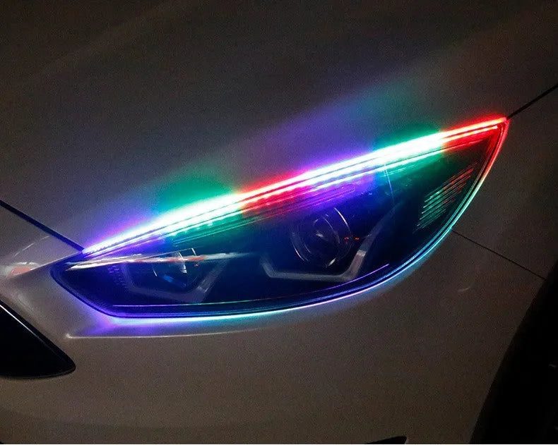 Remote control and flexible RGB LED daytime running light strip for cars in 30cm, 45cm, and 60cm sizes.