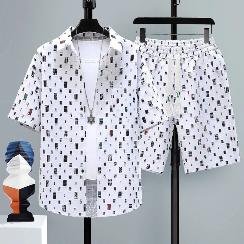 Men's casual sports shorts set in blue, showing short sleeve top and matching polyester shorts.