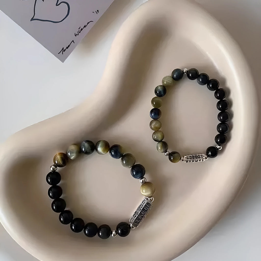 Tigereye Obsidian S925 sterling silver Six Words Mantra couple bracelet with geometric Chinese-style design
