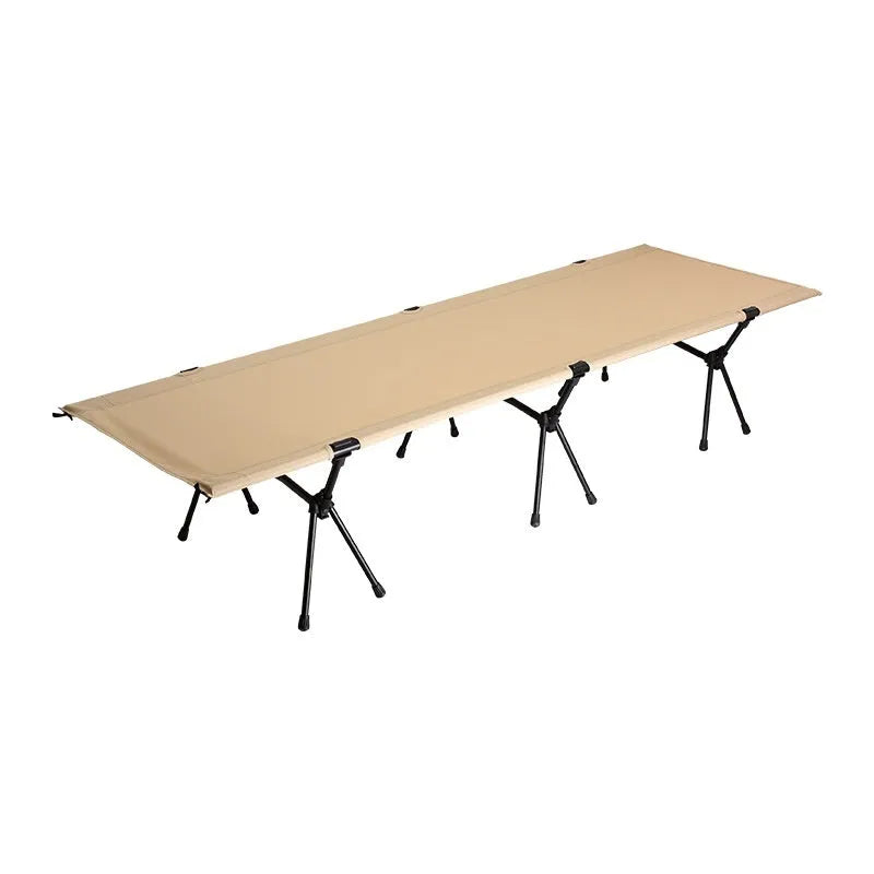 Steel frame portable folding bed in khaki colour with storage bag and components