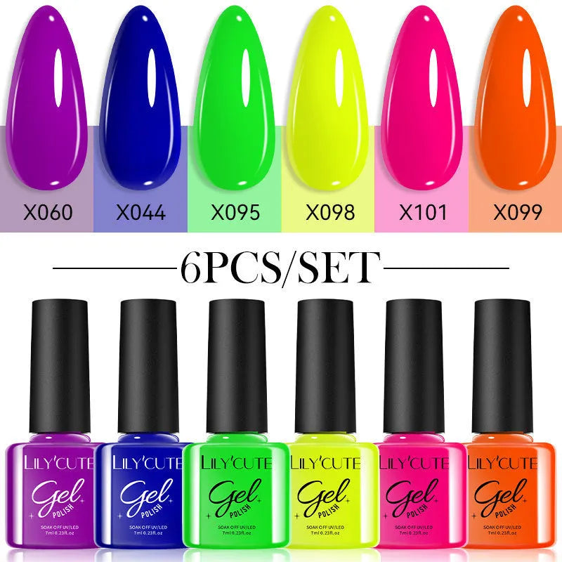 UV gel nail polish set showing bottles in multiple solid and glitter colours.