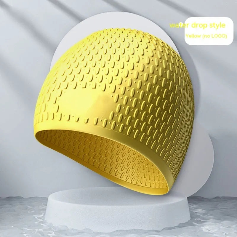 Silicone water drop swimming cap for adults in various solid colours on white background