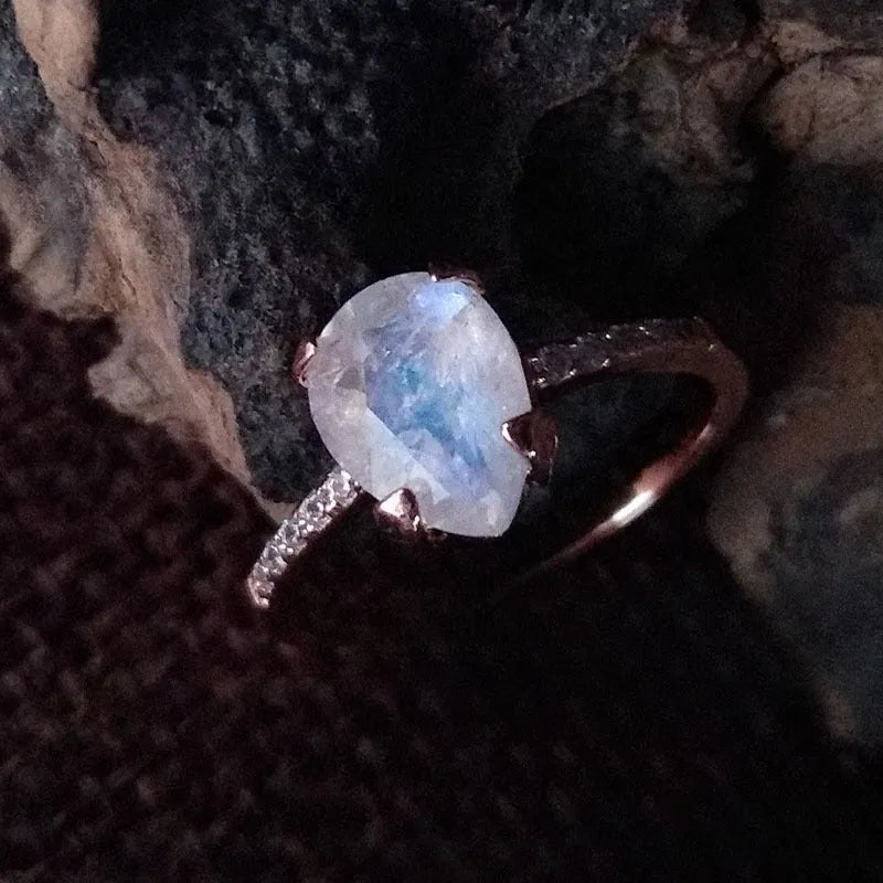 Silver drop ring with natural gemstone, water droplet design, women's chic style, sizes 5 to 11