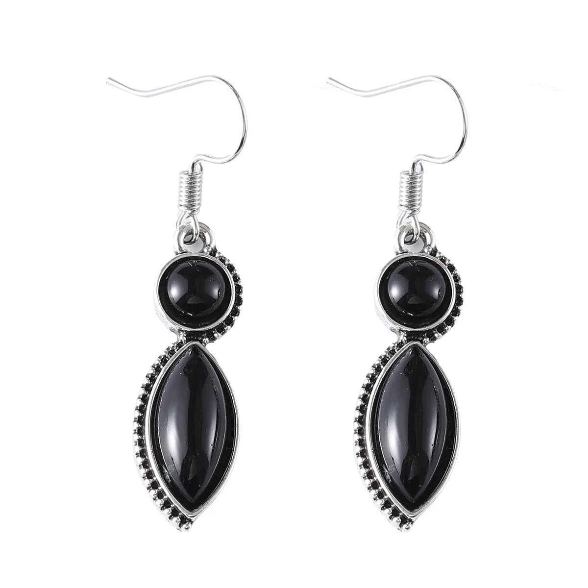 A pair of black and purple vintage geometric drop earrings with a round detail, shown against a plain background.
