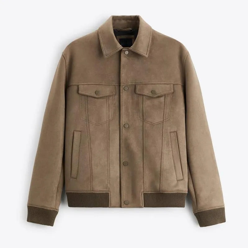 British-style suede velvet commuter jacket in mink and light grey colours with long sleeves