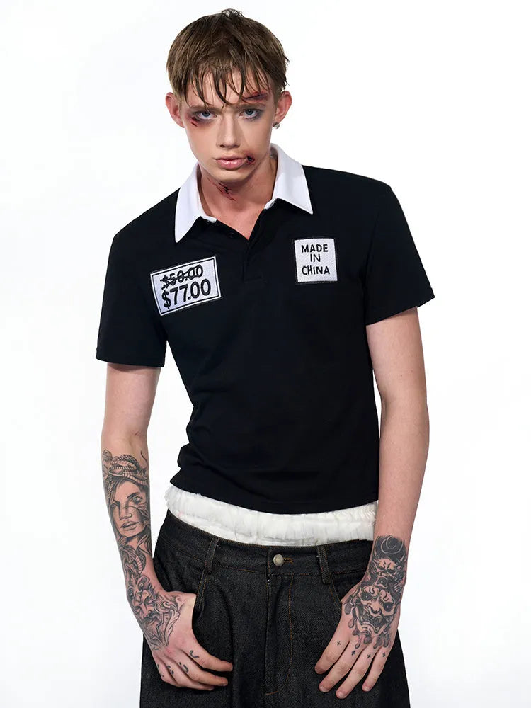 Black slim fit men's polo shirt with embroidery hat design and short sleeves