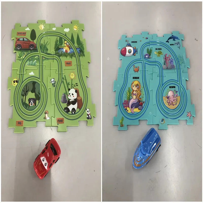 Children puzzle electric railroad speeder with DIY assembly track and automatic car, dinosaur theme