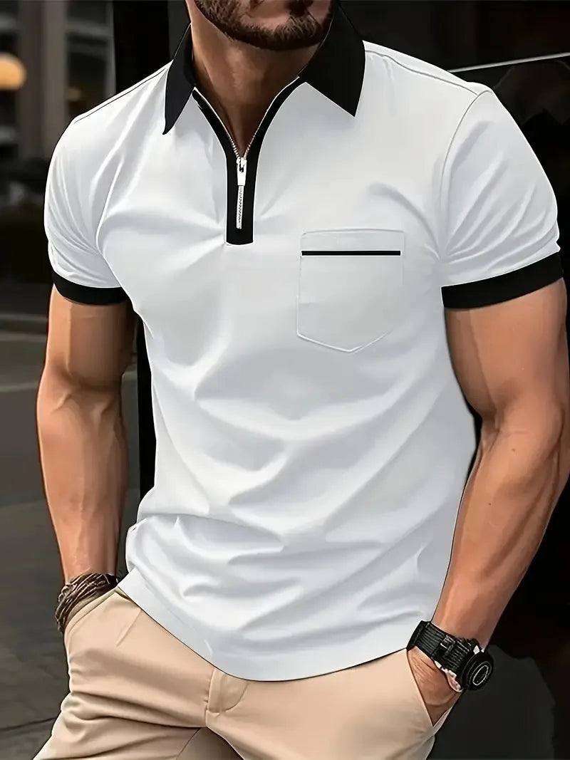 Men's loose fit short sleeve t-shirt with a chest pocket and zip trim on the front.