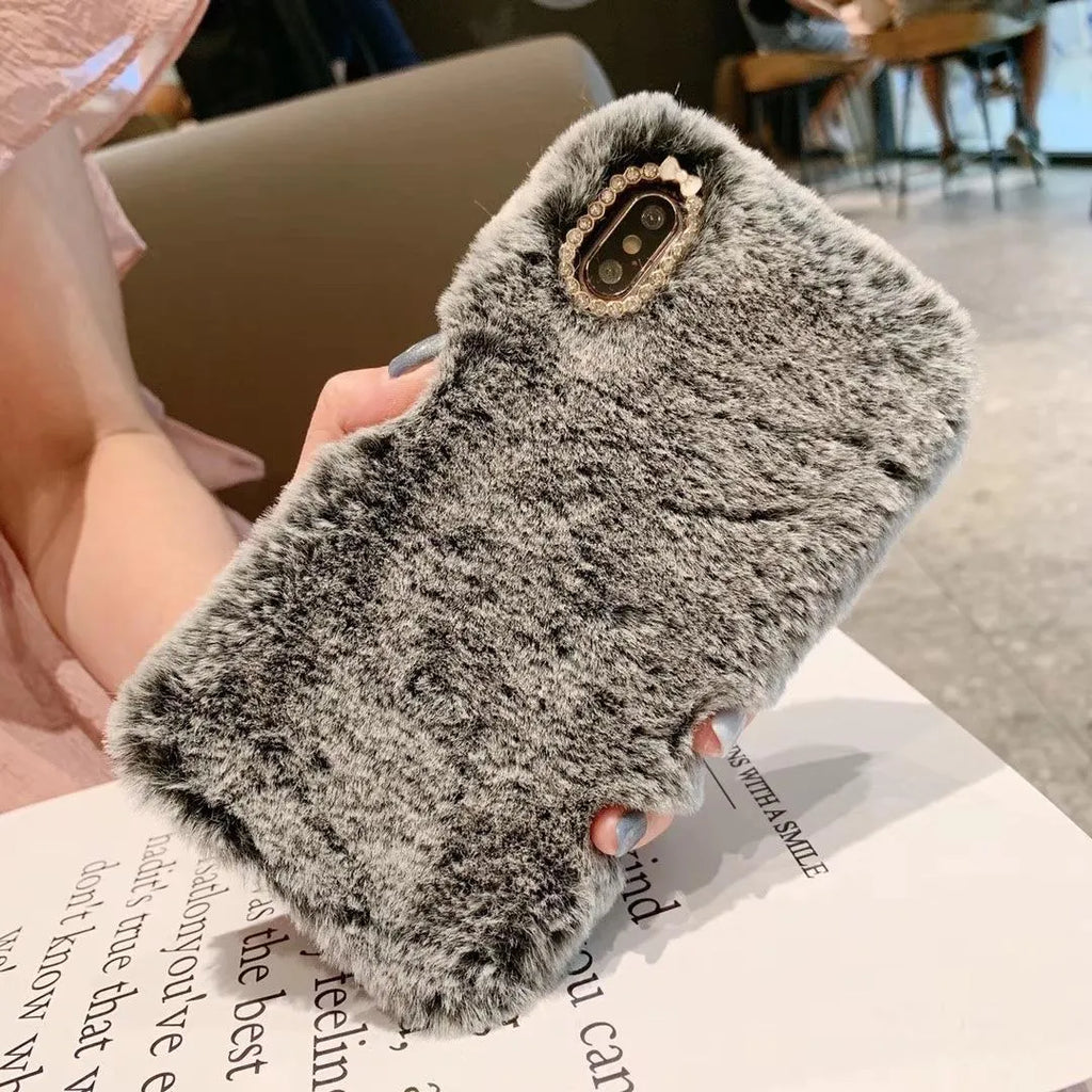 Rabbit hair silicone phone case with rhinestones for Apple iPhone, grey plush back cover