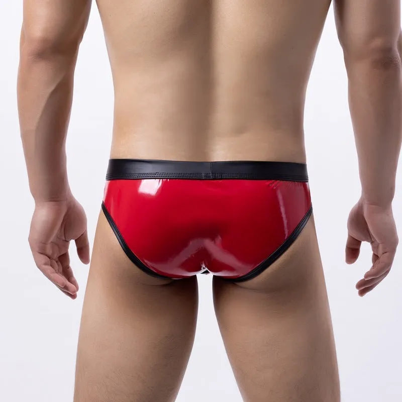 Men's gold patent leather colour bikini swim briefs with low-waist body-shaping fit