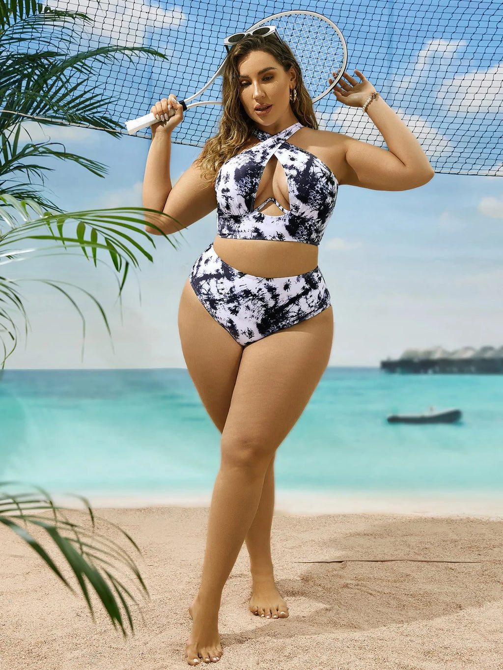 Cross collar random printed one-piece swimsuit in polyester with lining