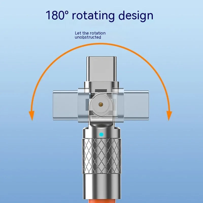Orange mobile game charging cable with rotating elbow design showing Lightning, Micro USB and Type-C connectors