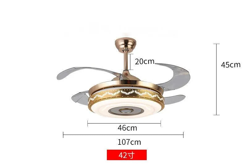 42-inch intelligent home fan light with acrylic blades and gold three-tone light in ceiling installation