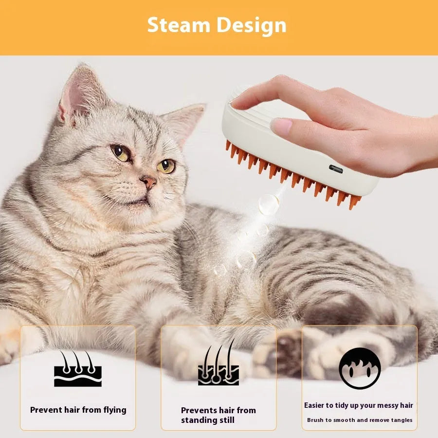 USB rechargeable pet steam brush in white and orange, ABS/TPR, 11.8 x 6.8 x 5.5 cm