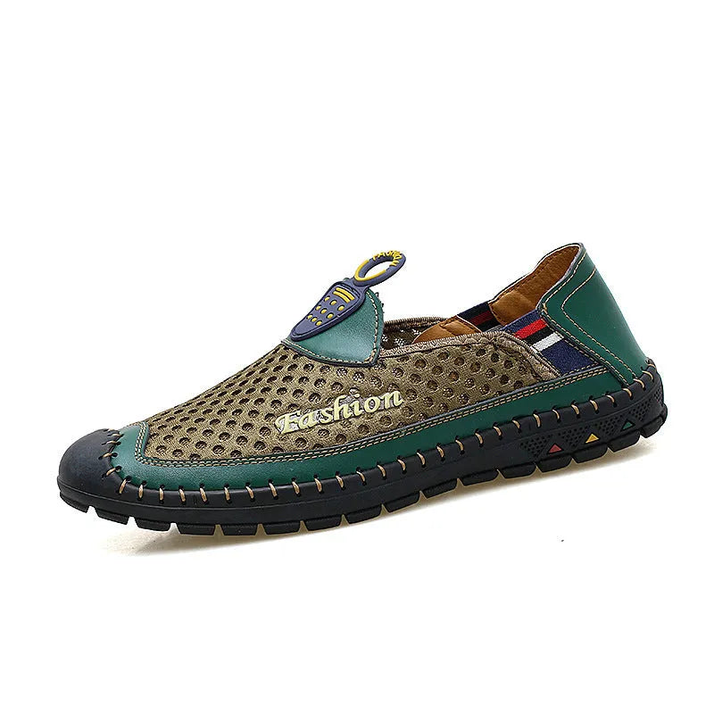 Men's brown breathable mesh casual shoes with a round toe and rubber sole.