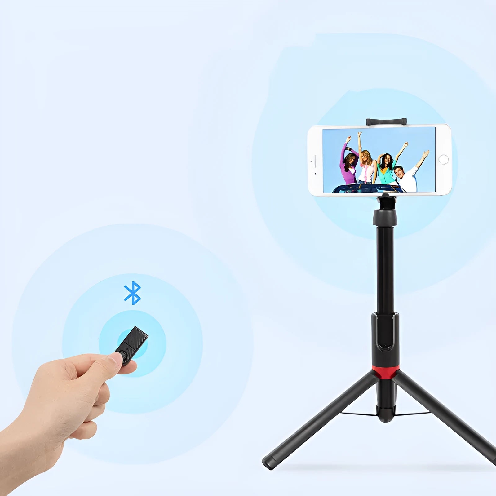 Selfie stick mobile phone Bluetooth universal tripod in army green with aluminium alloy and ABS frame, 40mAh battery, and compact folded size