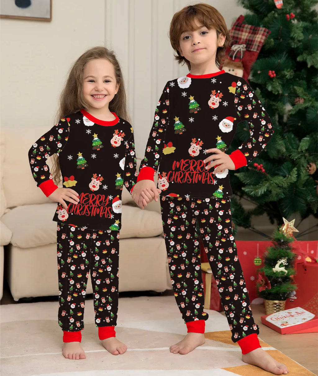 Family Christmas matching pajamas set in cotton fabric with plaid print, showing adult, child and dog sizes
