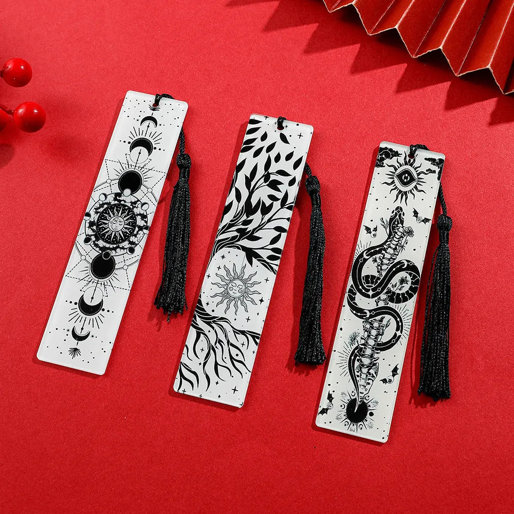Creative skull pattern acrylic tassel bookmark for reading decoration, available in ten colour options.