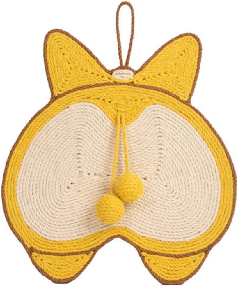 Yellow Corgi pattern sisal cat scratching board with wall hooks and anti-slip base
