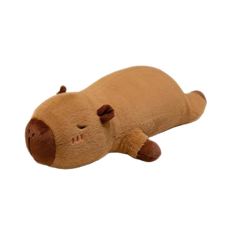 Brown lying style capybara plush toy made of short plush with PP cotton filling, available in 60cm, 80cm, and 1m sizes.