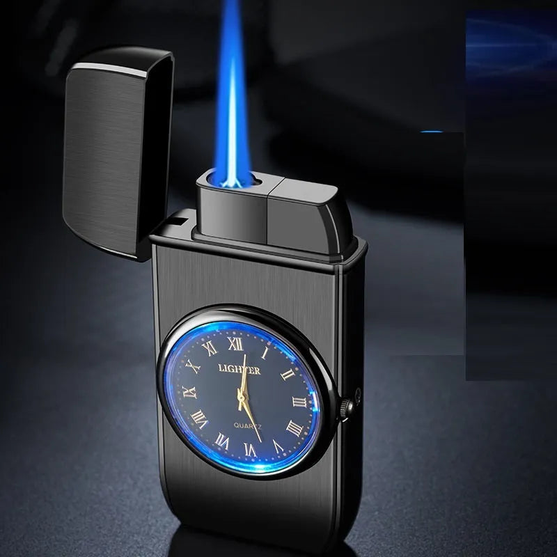 Electronic watch lighter showing LED digital display integrated with butane gas lighter mechanism in brushed metal body