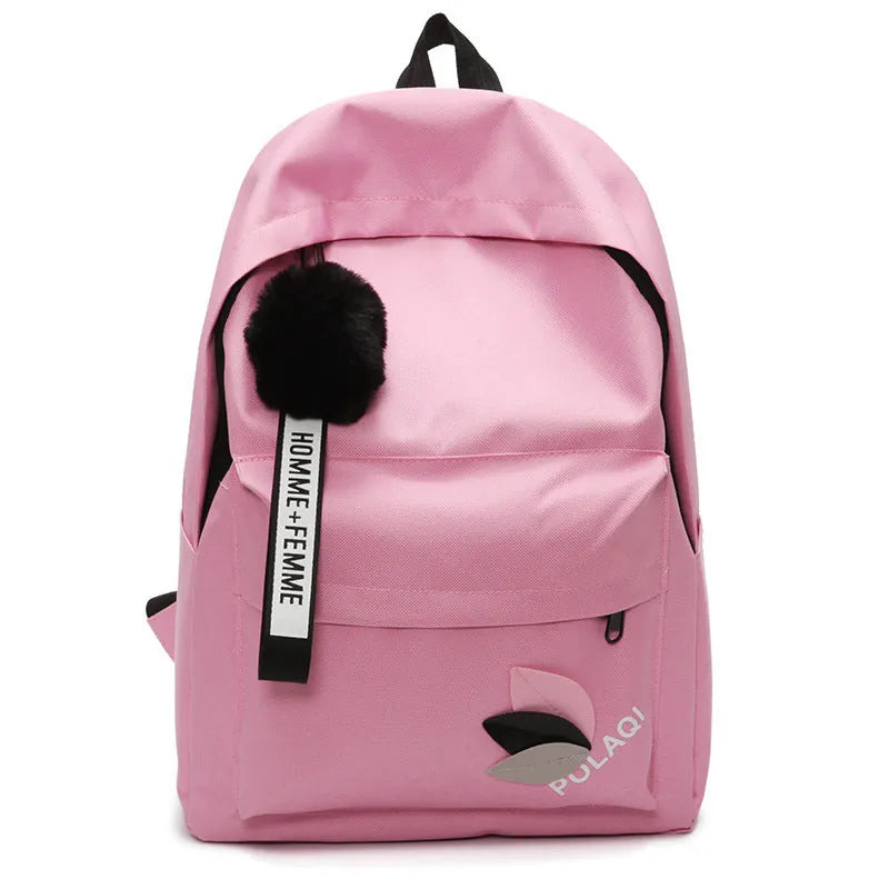 Canvas college backpack with leaf pattern in green colour showing front compartment and straps