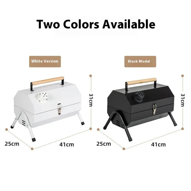 White round portable folding charcoal barbecue grill with chimney oven net for outdoor cooking.