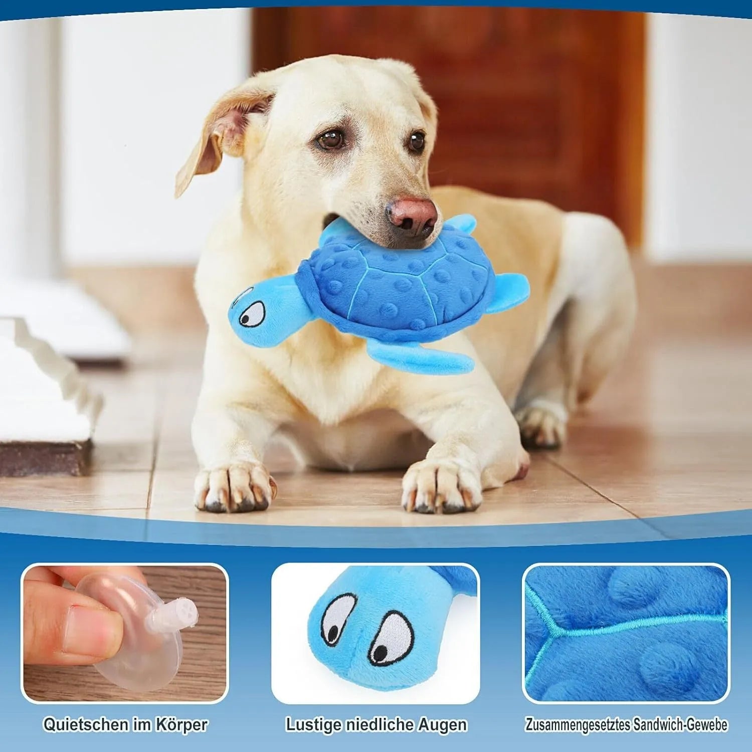Blue sea turtle plush dog toy with composite mesh construction and no stuffing