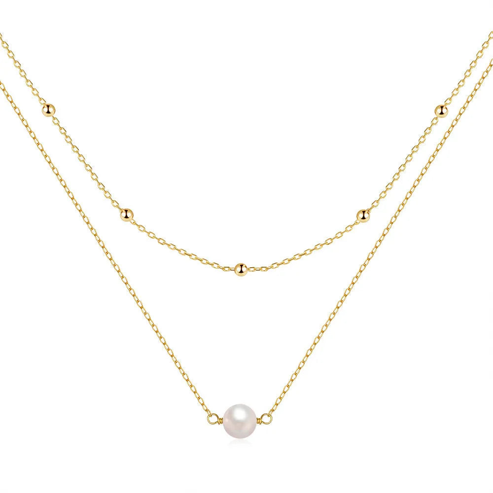 S925 sterling silver double layer necklace with twin pearls in gold or white gold tone