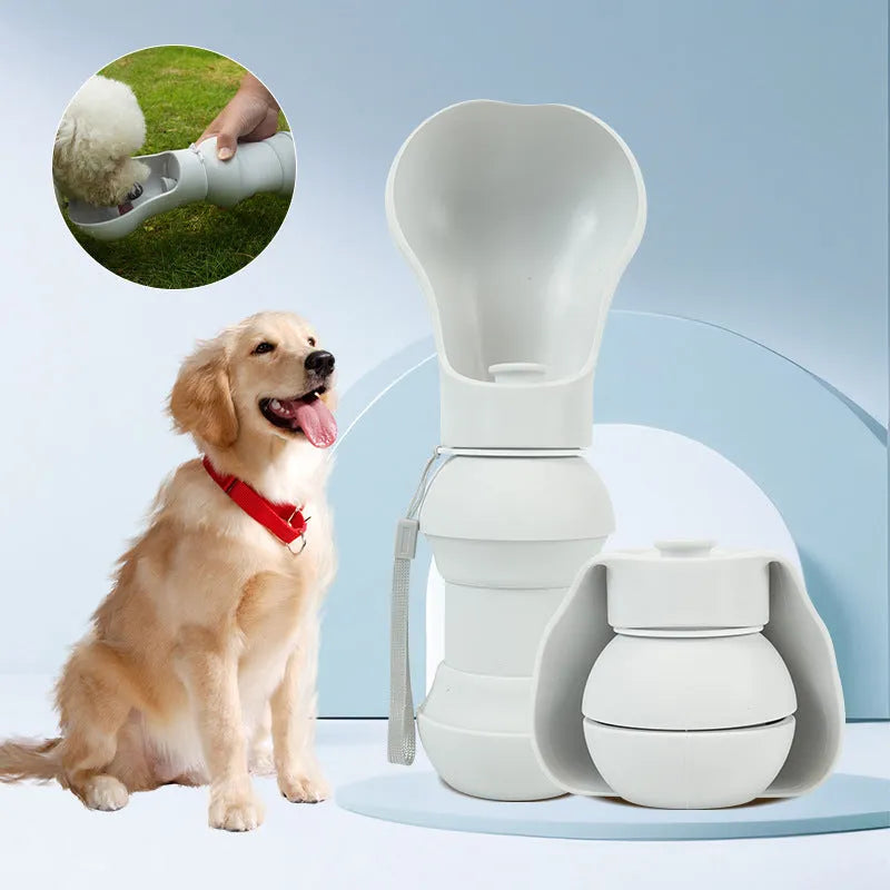 Folding silicone pet drinking cup shown collapsed and expanded for portable outdoor use