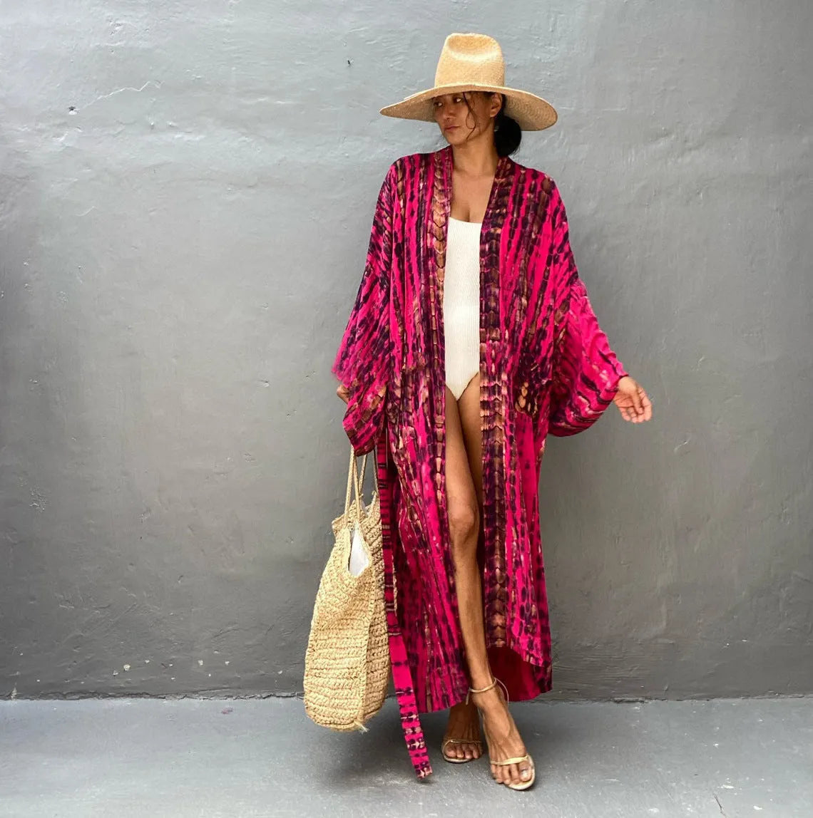 Loose printed cotton beach cover-up shirt in a DN0712 colour, shown as a long-sleeved blouse.