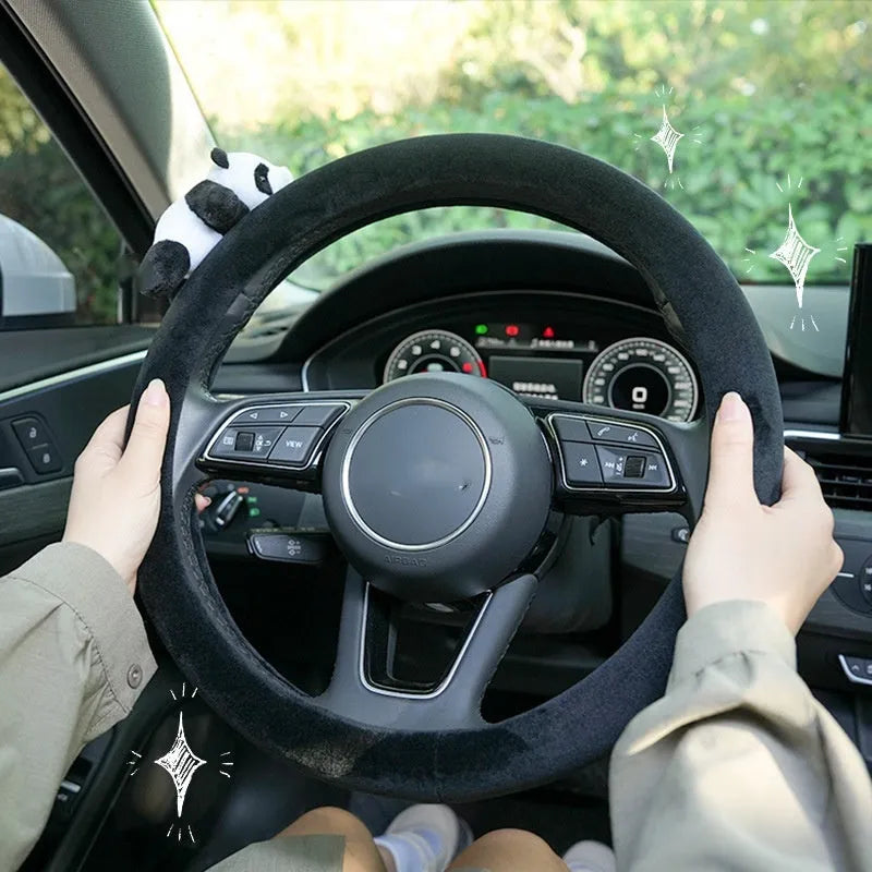 Black plush panda steering wheel cover with matching shoulder pad for 38cm diameter wheels