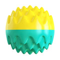 Blue and orange squeaky rubber dog ball with spiky texture for teeth cleaning.