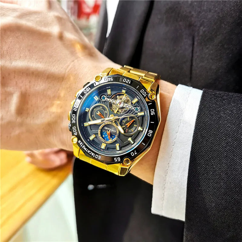 Men's automatic mechanical watch with a 12mm case in silver, black, and gold colour options on a wrist.
