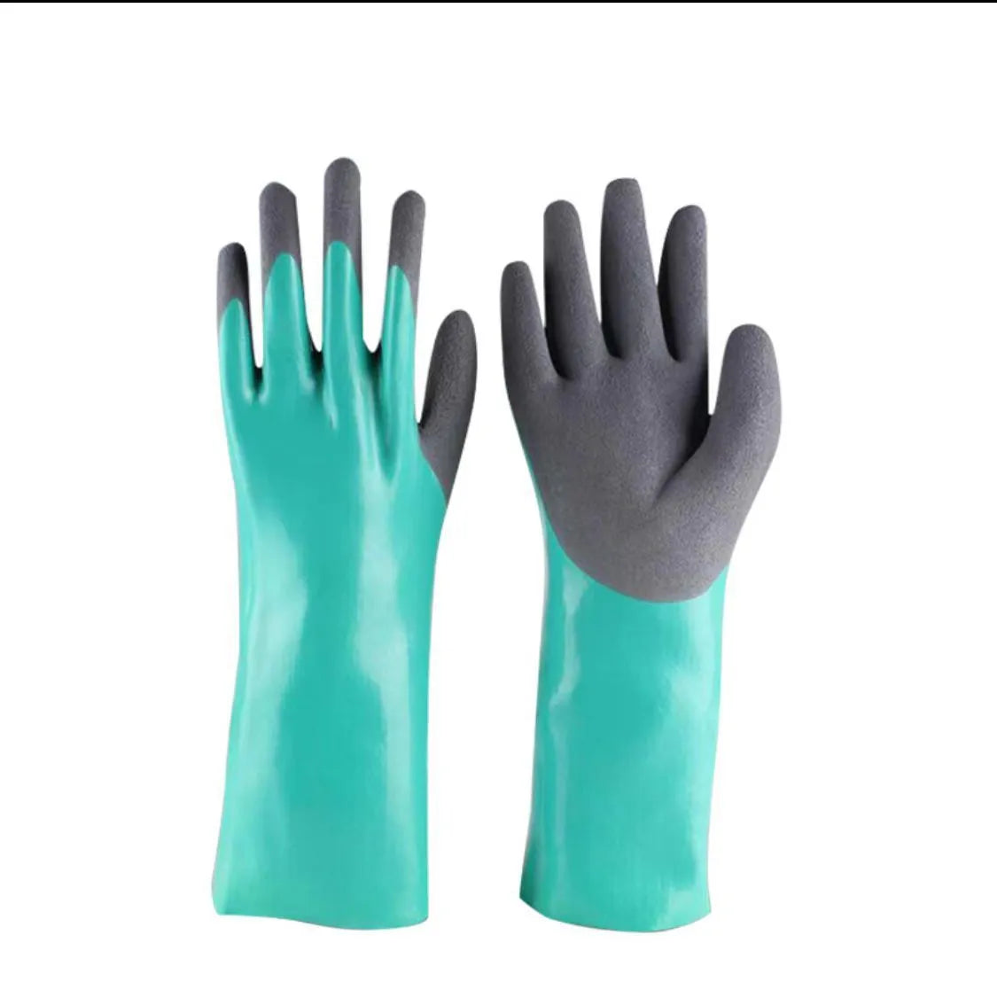 Women's navy blue nitrile waterproof fishing gloves shown in short and lengthened sizes.